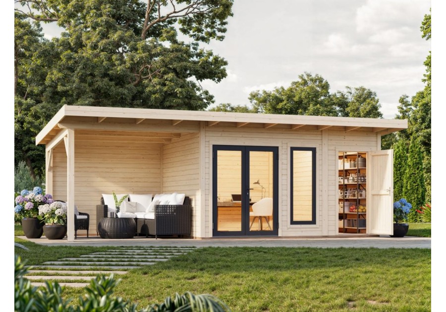 Domek ogrodowy AURELIA124 z tarasem 7.9m2, 7.39x3.0m 44mm